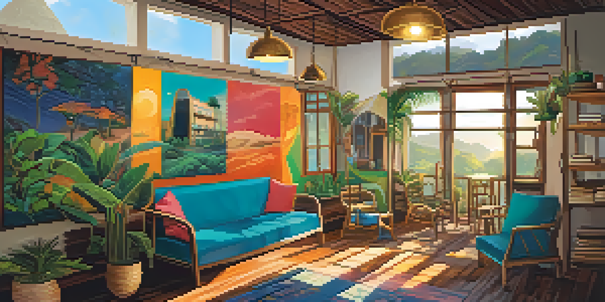 A colorful and artistic hostel interior in Brazil with travelers interacting in a cozy communal space, illuminated by sunlight.