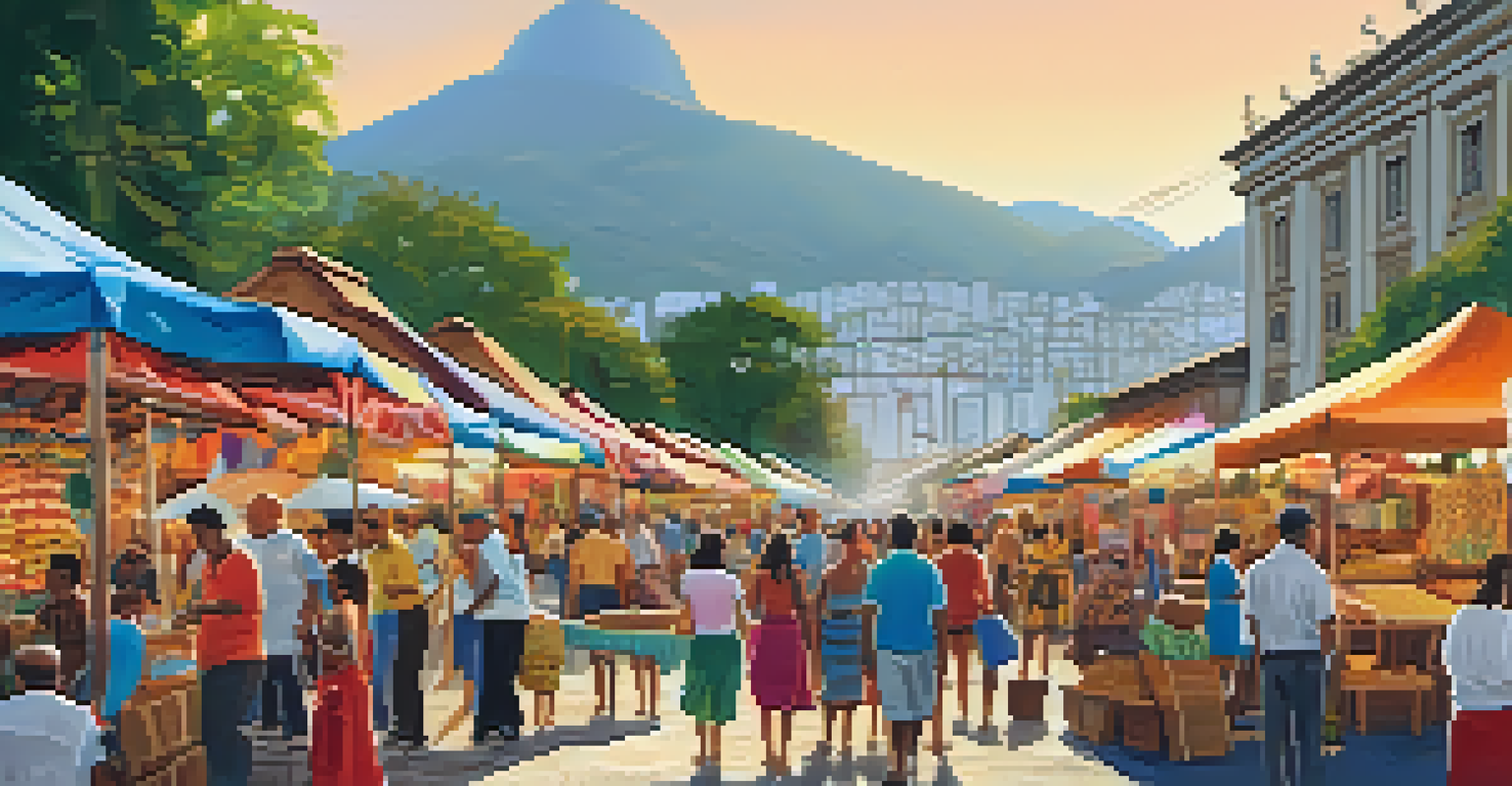 A lively outdoor market with colorful stalls and performers, showcasing crafts and food from Brazil's Northeast region.