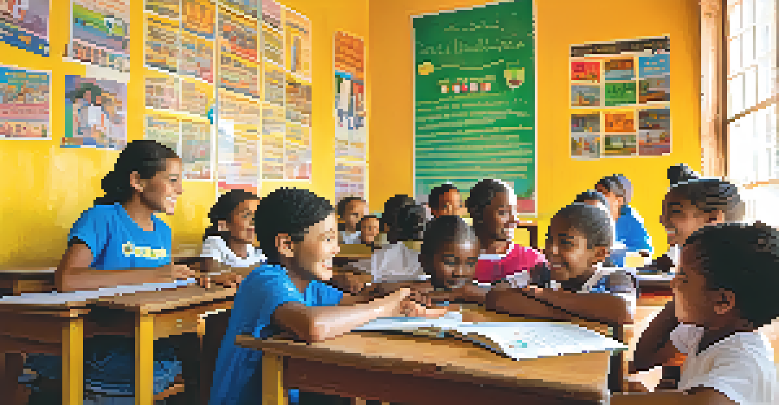 A volunteer teaching English to smiling local children in a colorful classroom in Brazil.