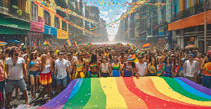 A lively street during São Paulo Pride with a diverse crowd in colorful costumes and floats, under a bright sunny sky.