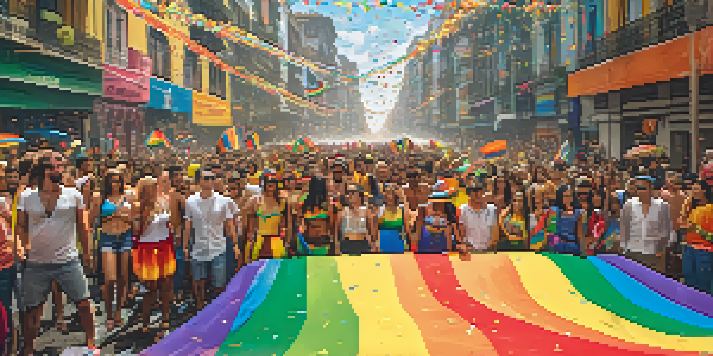 A lively street during São Paulo Pride with a diverse crowd in colorful costumes and floats, under a bright sunny sky.