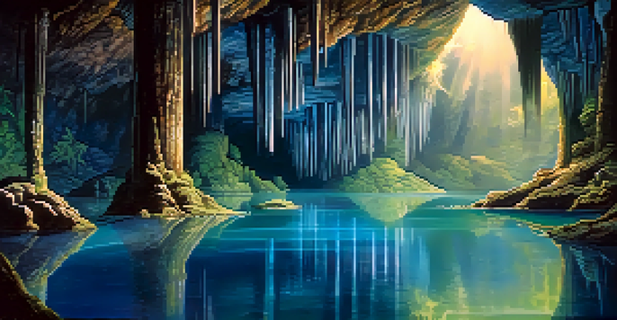 An enchanting cave interior in Brazil with stalactites and stalagmites, illuminated by shimmering light and featuring a blue underground lake.