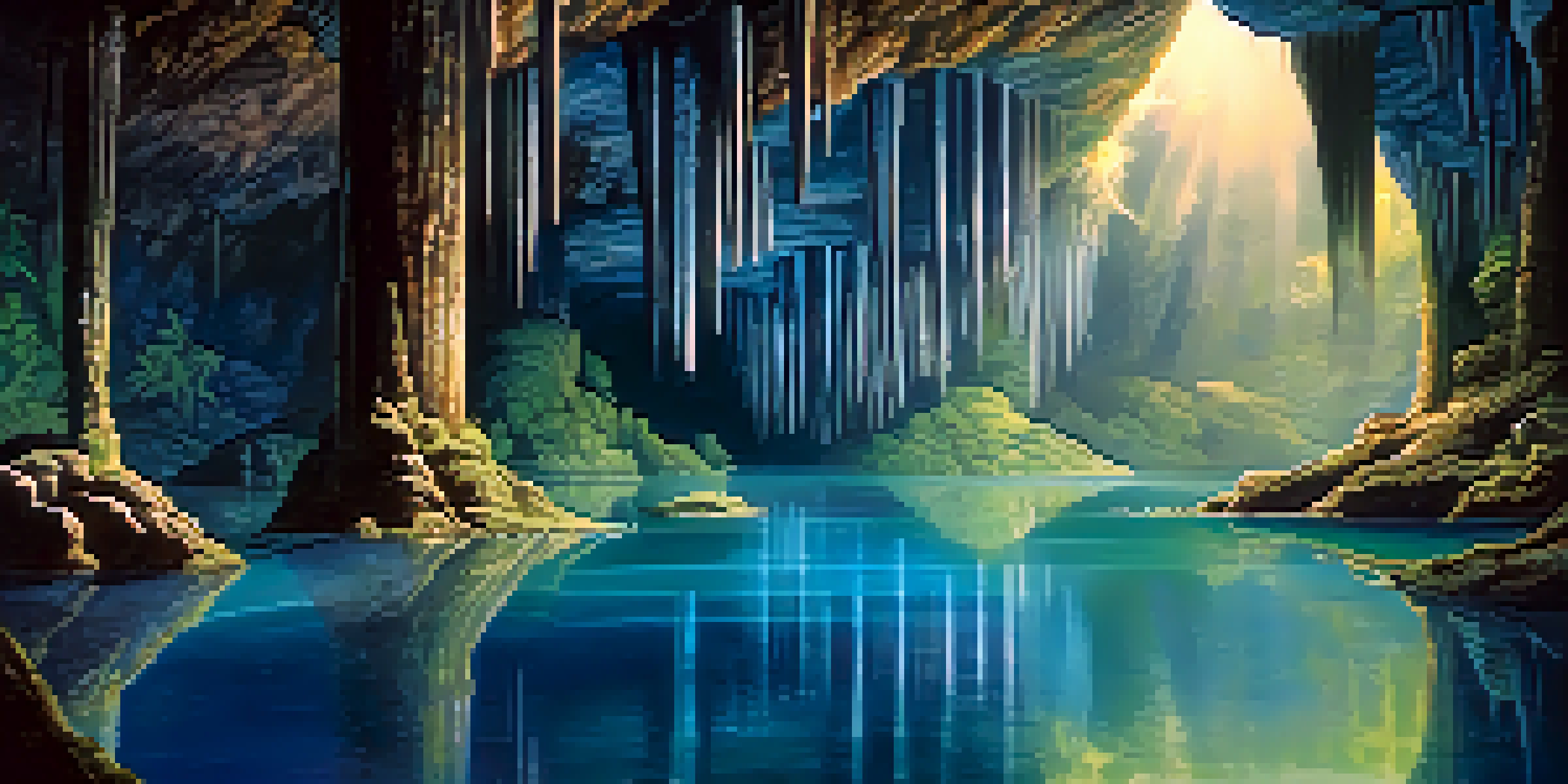 An enchanting cave interior in Brazil with stalactites and stalagmites, illuminated by shimmering light and featuring a blue underground lake.
