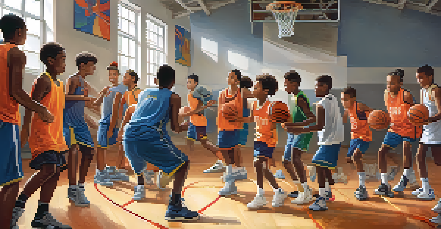 A diverse group of young players in a basketball training session at a community center, with motivational posters and a focus on teamwork.