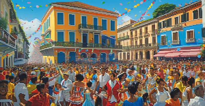 A lively carnival scene in Salvador with colorful floats and dancers in costumes, historic buildings in the background, and a bright blue sky.