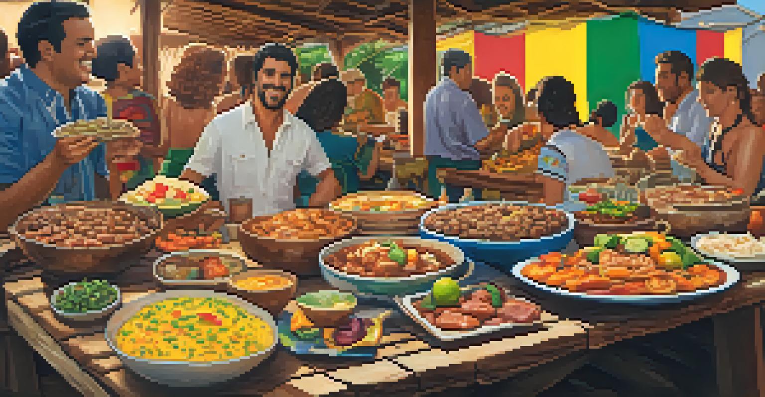 A colorful selection of traditional Brazilian dishes on a wooden table, with festival-goers enjoying the food in a warm, inviting atmosphere.