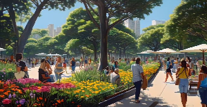 A lively urban park in São Paulo filled with native plants and colorful flowers, featuring people enjoying outdoor activities like picnicking and jogging under a clear blue sky.