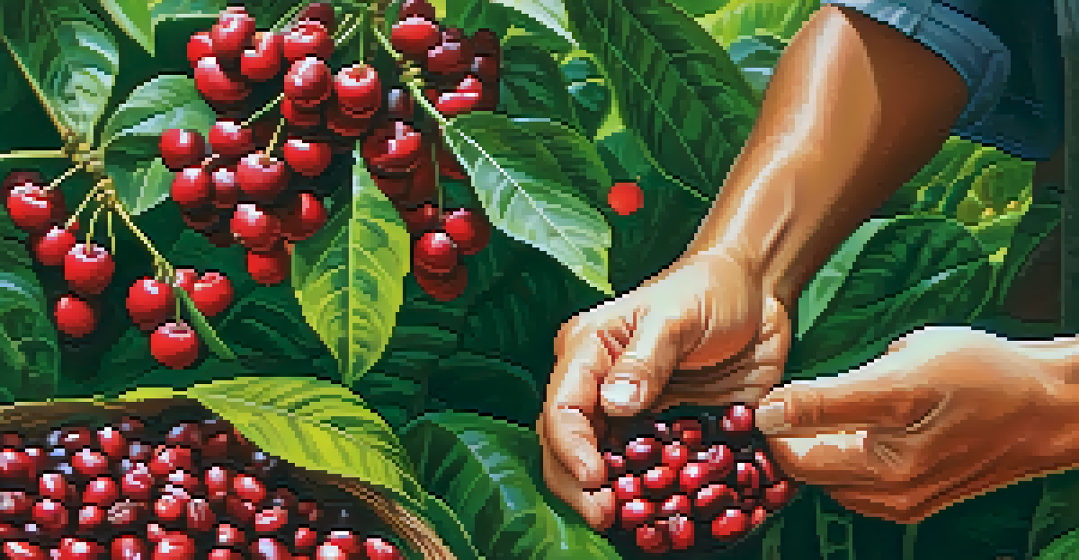 Close-up of workers hand-picking bright red coffee cherries in a lush green field.