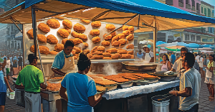 A street vendor frying golden brown acarajé in a lively market, with colorful decorations and steam rising from freshly made fritters.