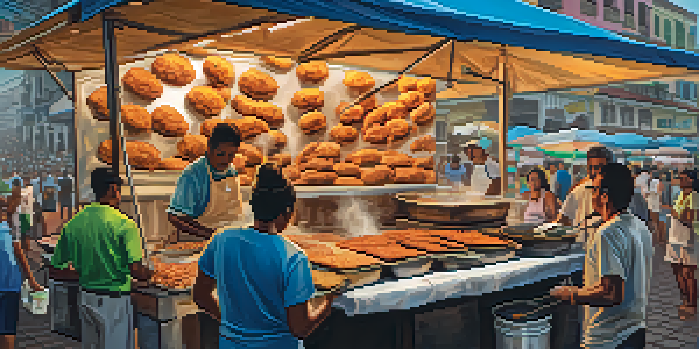 A street vendor frying golden brown acarajé in a lively market, with colorful decorations and steam rising from freshly made fritters.