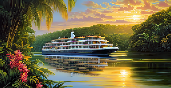 A luxurious river cruise ship sailing on the Amazon River during sunset, with lush greenery and wildlife visible.