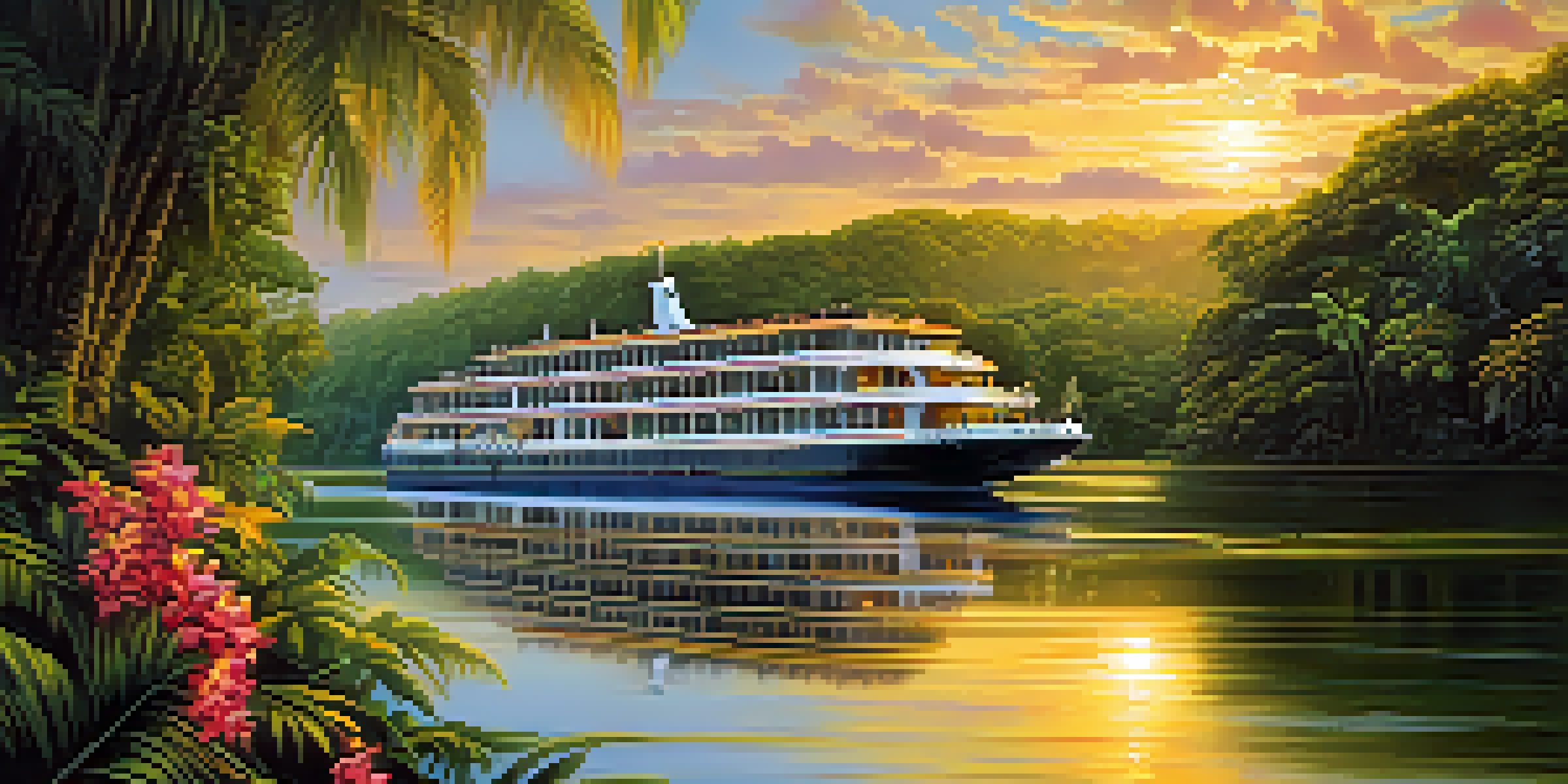 A luxurious river cruise ship sailing on the Amazon River during sunset, with lush greenery and wildlife visible.
