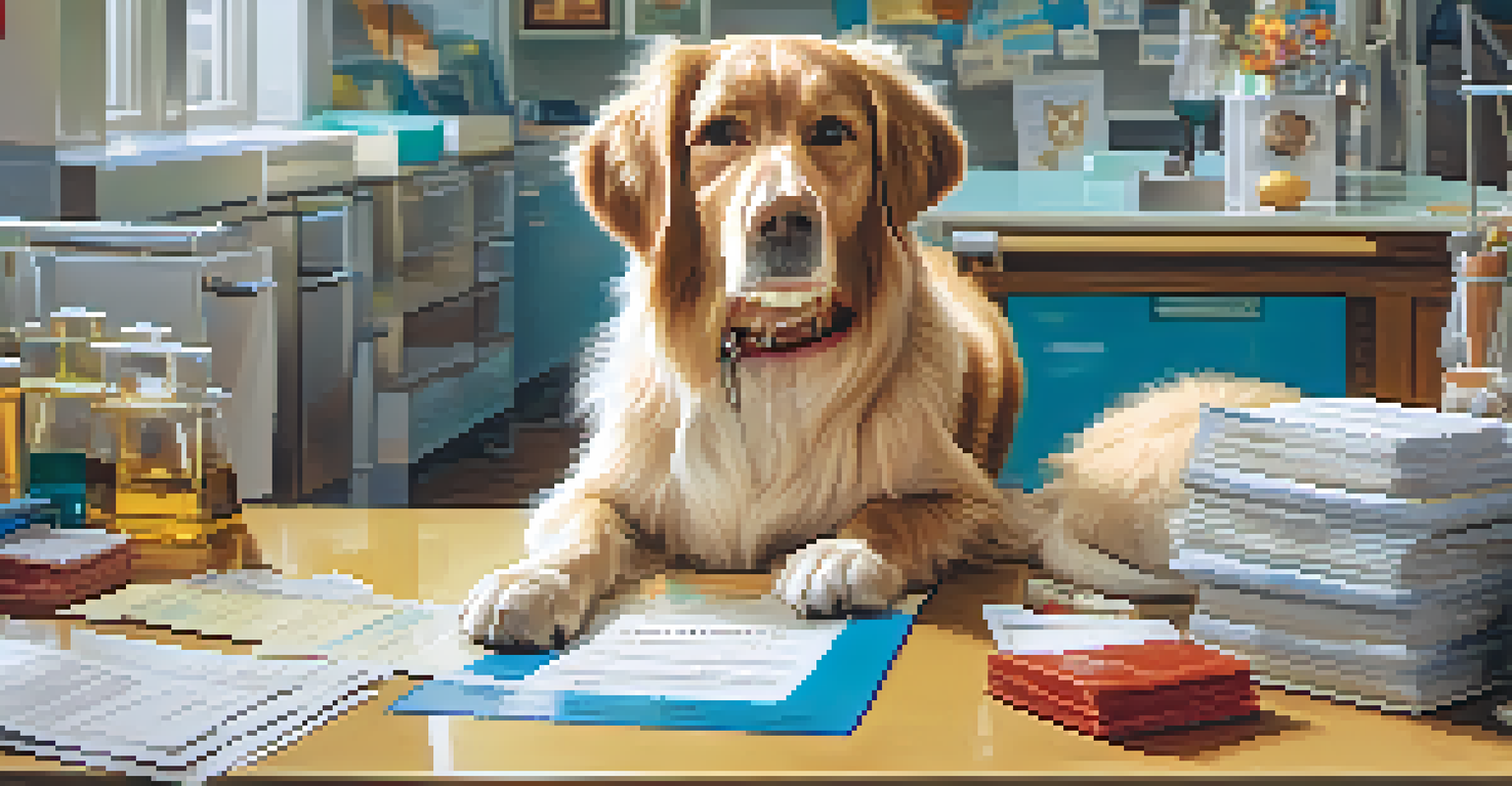 A veterinarian checking a cat and dog with health documents on the table.