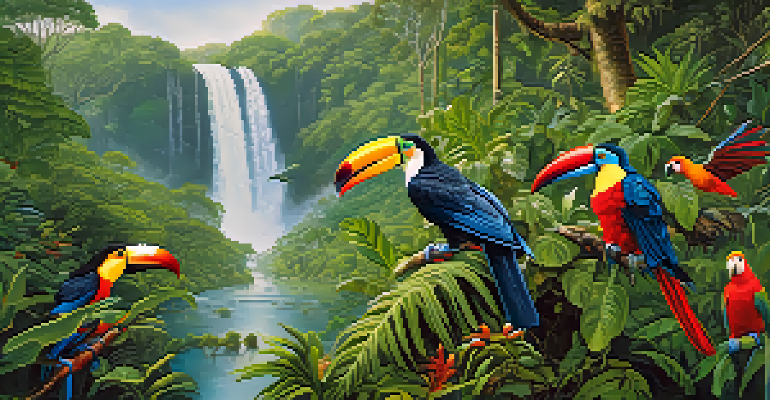 A vibrant Atlantic Forest scene with toucans and parrots perched among dense greenery and a waterfall, illuminated by sunlight.