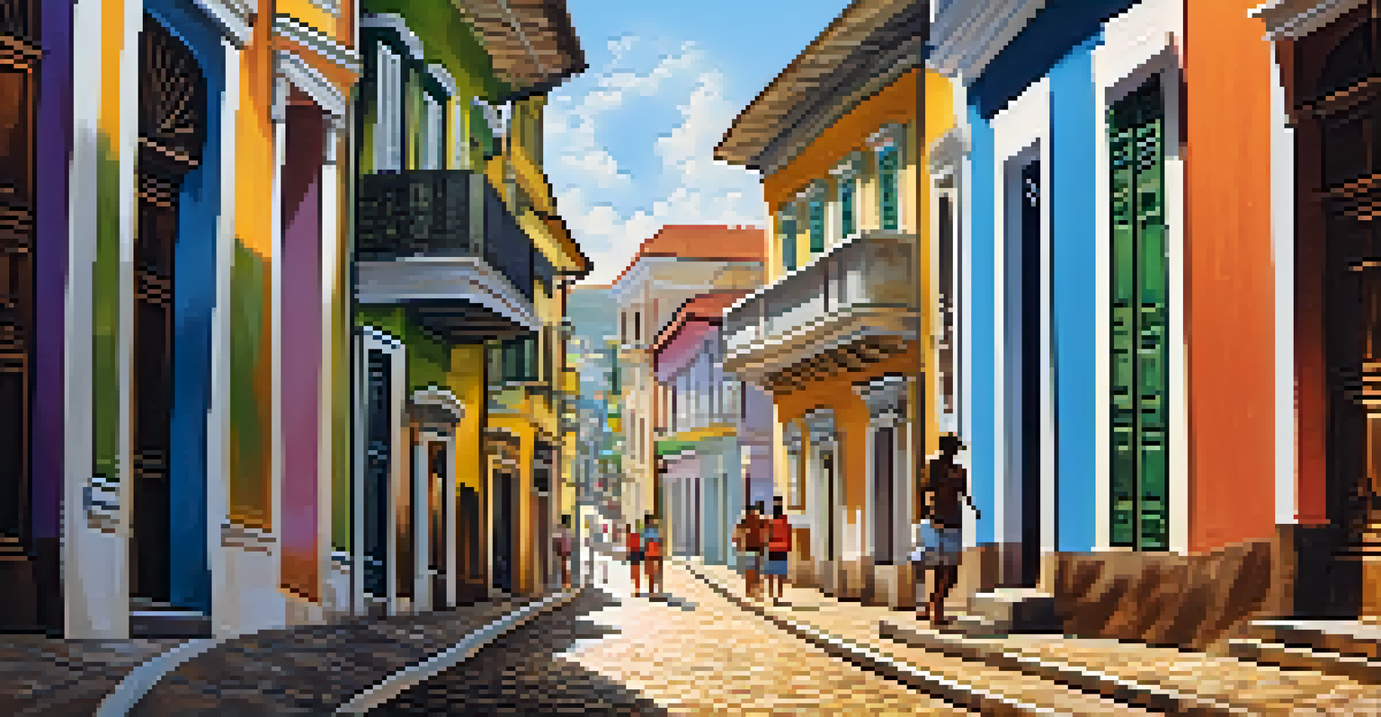 A charming pedestrian street in Salvador with colorful buildings, shops, and people walking.