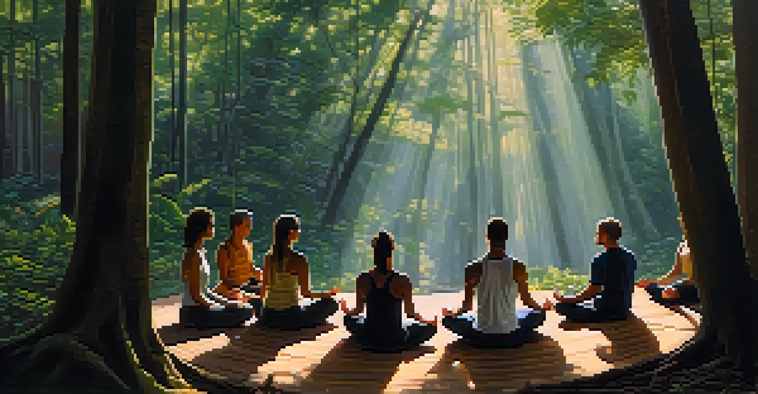 A group of people meditating in a circle in a peaceful forest setting.