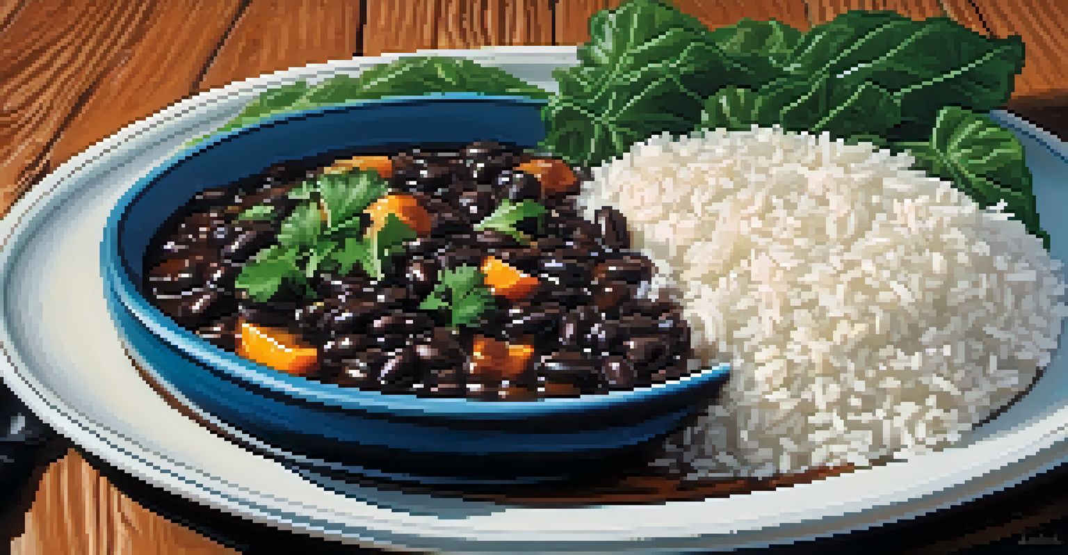 A close-up of a traditional Brazilian feijoada dish served with rice and greens on a rustic table.