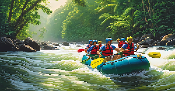 A group of adventurers white-water rafting in a lush Brazilian rainforest, with sunlight filtering through the trees and splashes of water around them.
