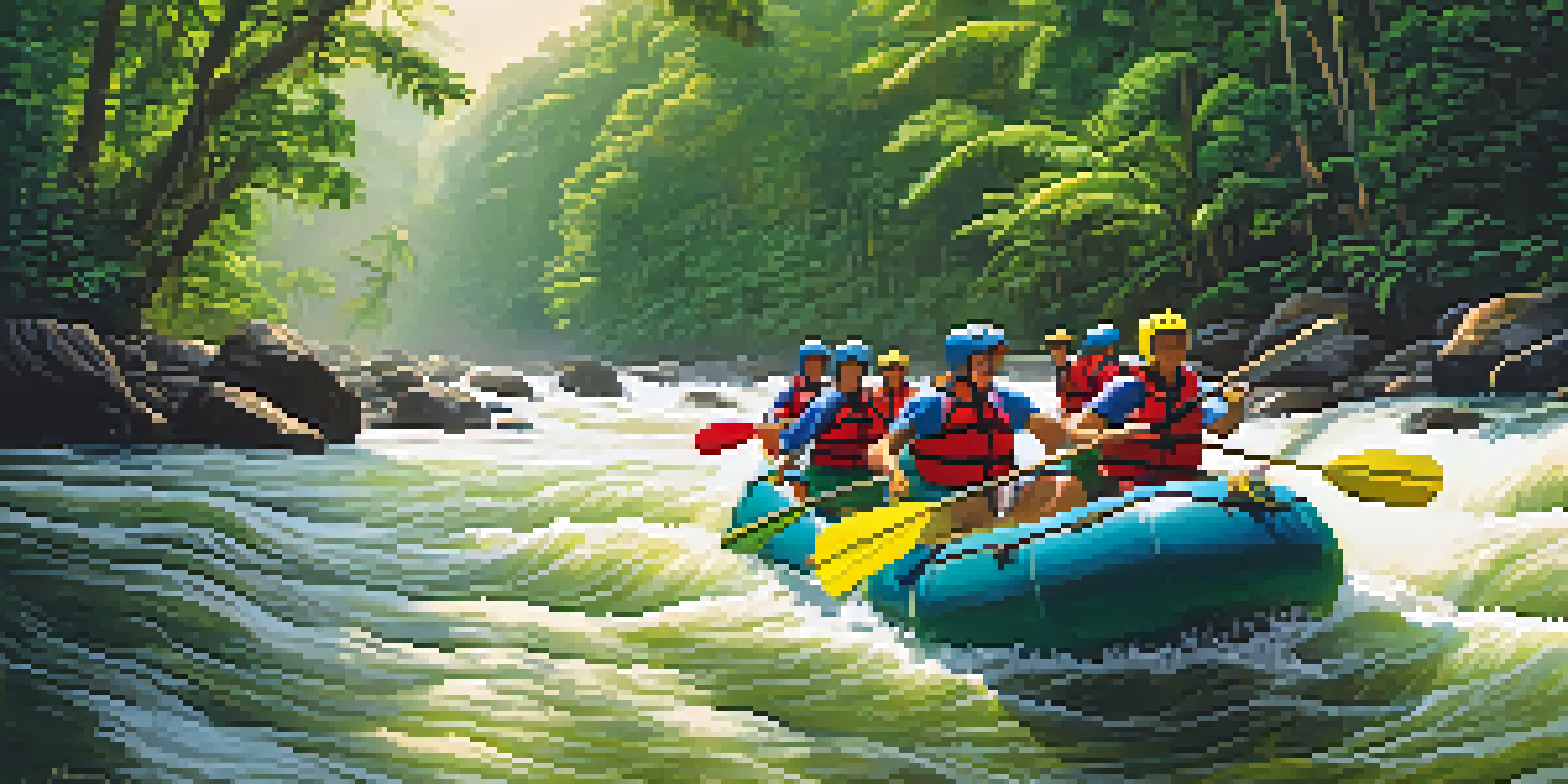 A group of adventurers white-water rafting in a lush Brazilian rainforest, with sunlight filtering through the trees and splashes of water around them.