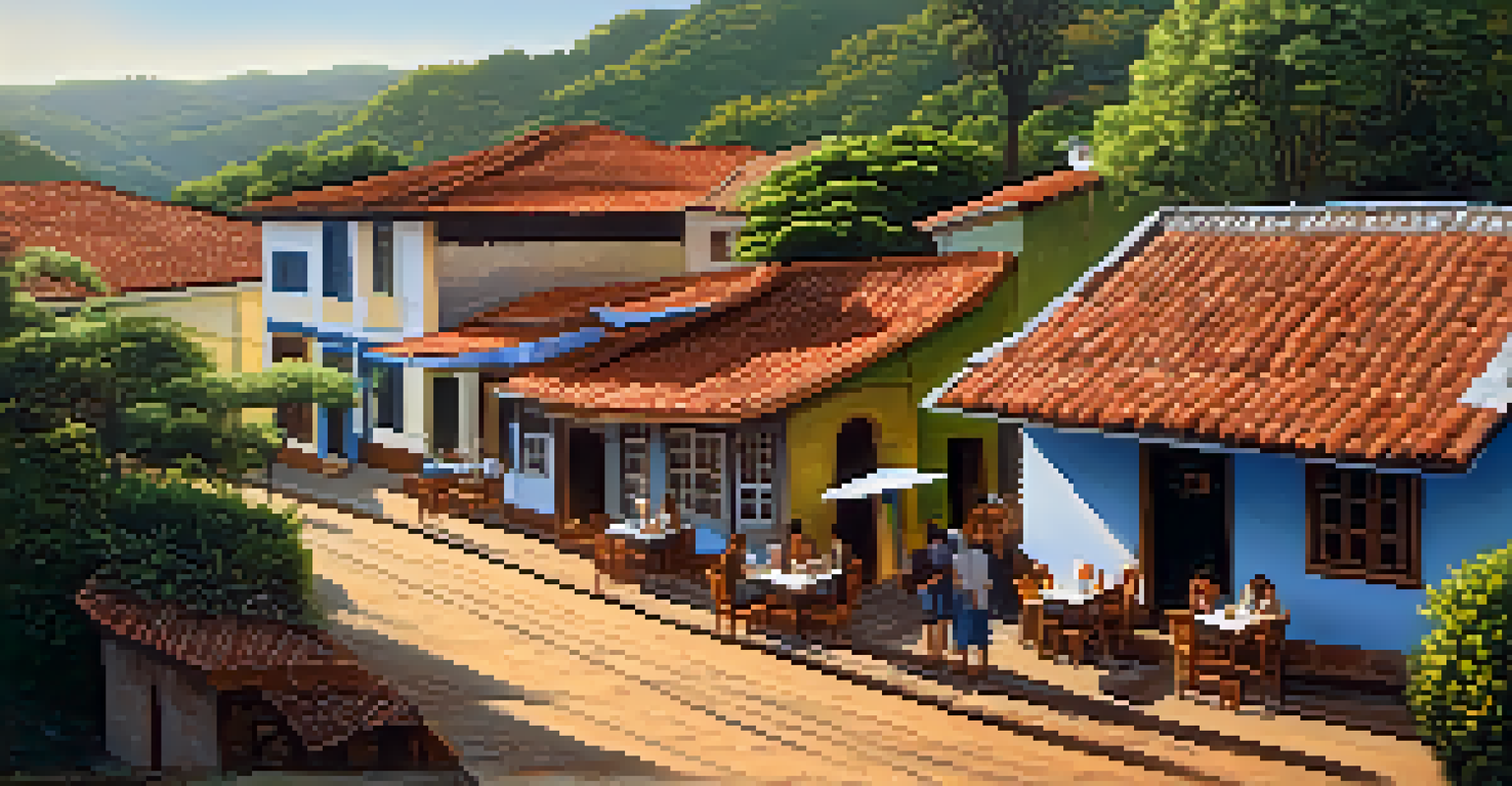 A peaceful view of Tiradentes showcasing colonial buildings, outdoor cafes, and rolling green hills under soft morning light.