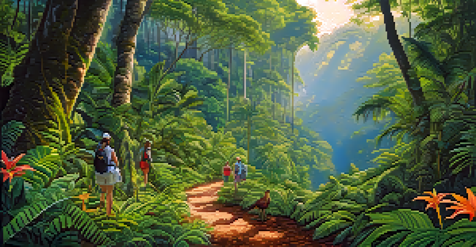 Travelers exploring the Atlantic Forest in Brazil, surrounded by diverse plants and wildlife under warm sunlight.
