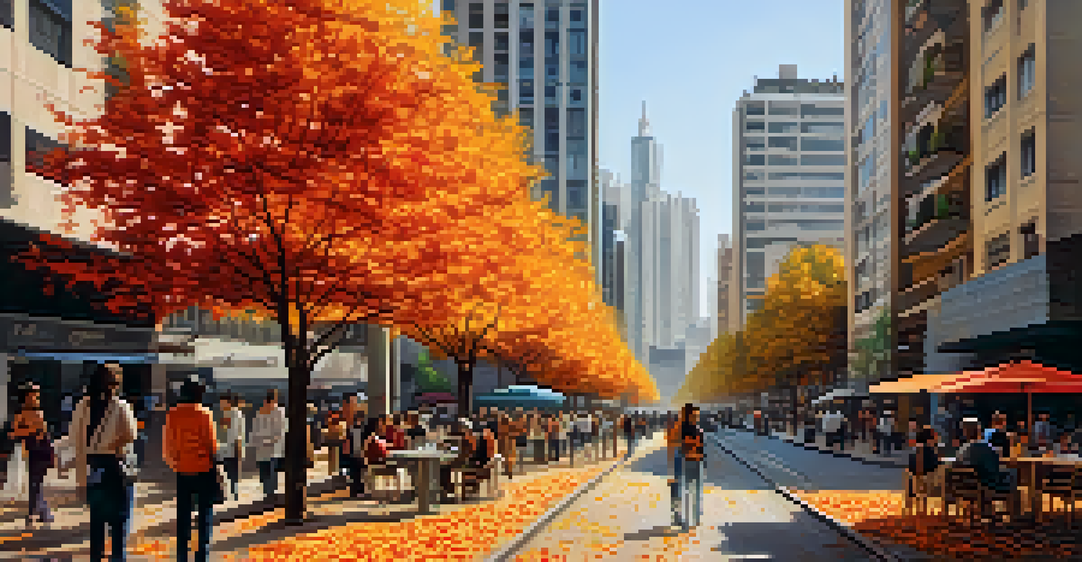 A lively street in São Paulo with skyscrapers, people, and autumn foliage on trees.