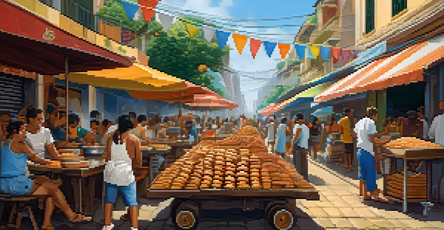 Street food vendors selling 'pastéis' and 'caldinho' in a vibrant market setting.