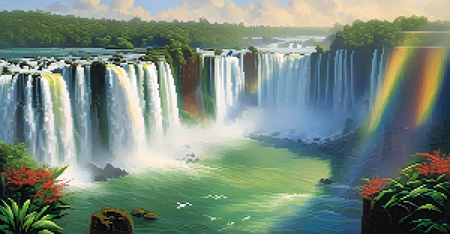 A scenic view of Iguazu Falls surrounded by lush rainforest and a mist creating rainbows.