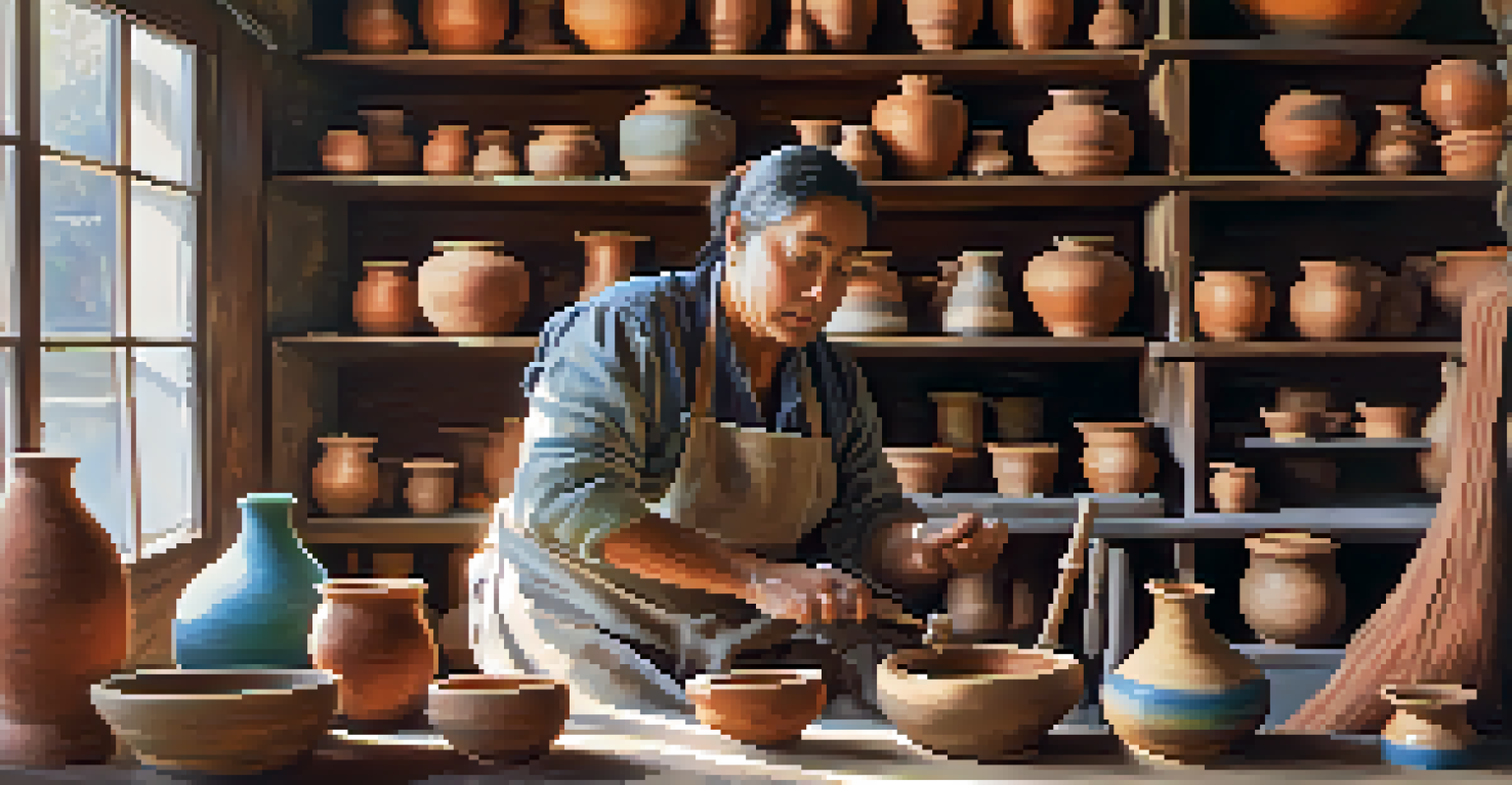 A potter shaping a colorful ceramic piece in a well-lit workshop, surrounded by tools and finished ceramics.