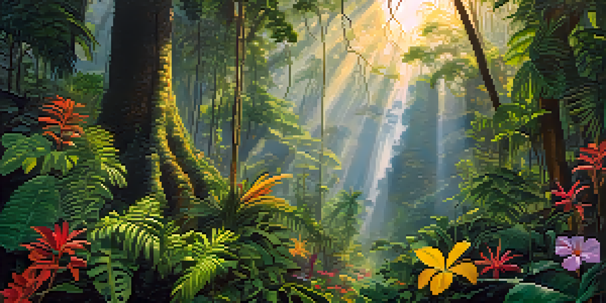 A vivid depiction of the Amazon Rainforest at sunset, highlighting unique plants including Brazil nut trees, colorful flowers, and ferns, with soft shadows and mist.