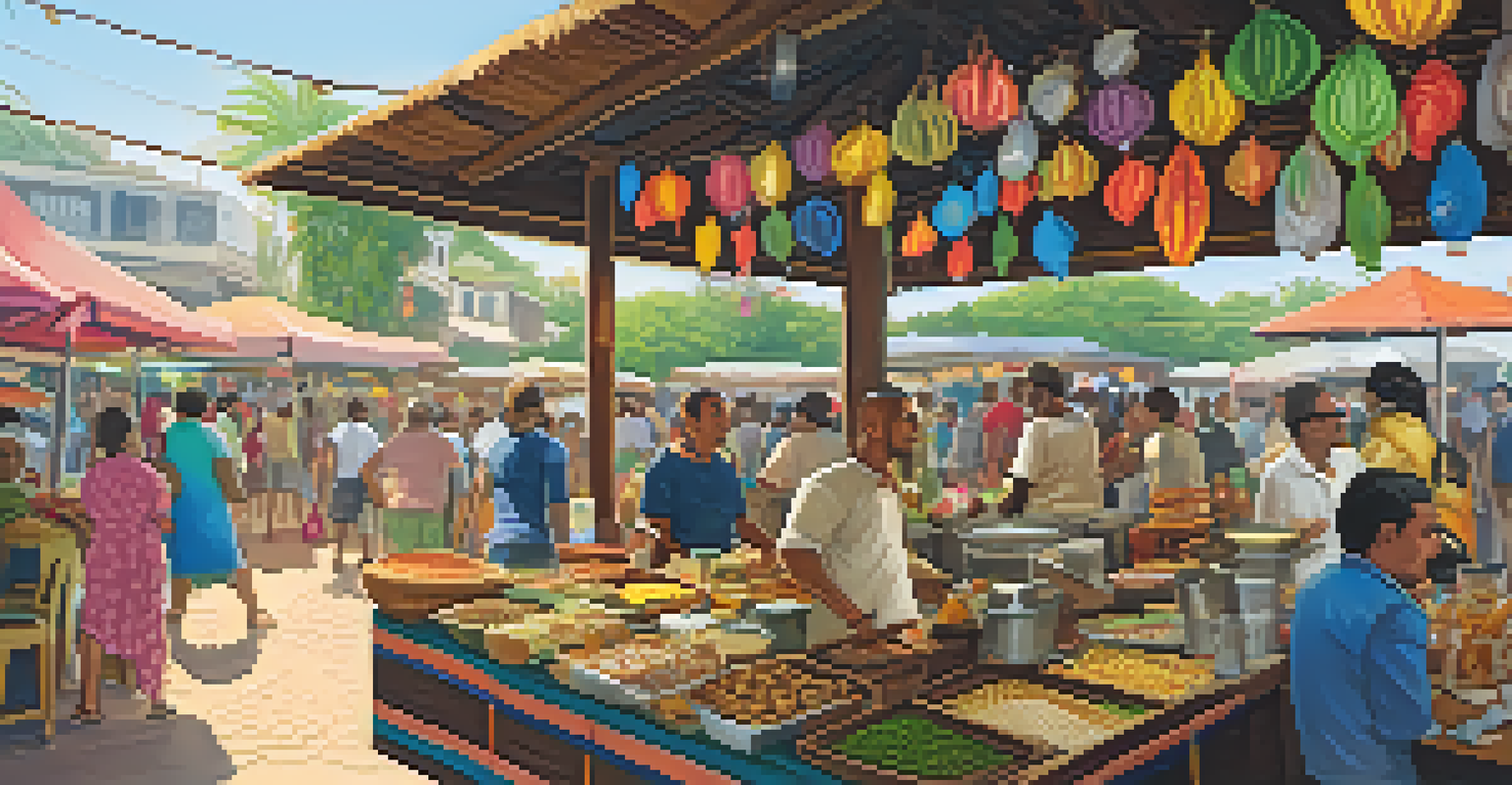 A colorful food stall at Bahia's Market Day with traditional dishes, happy visitors enjoying meals, and a festive atmosphere.