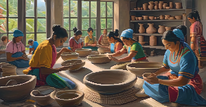 A lively workshop in Brazil where people are creating pottery, surrounded by colorful clay pieces and natural light.