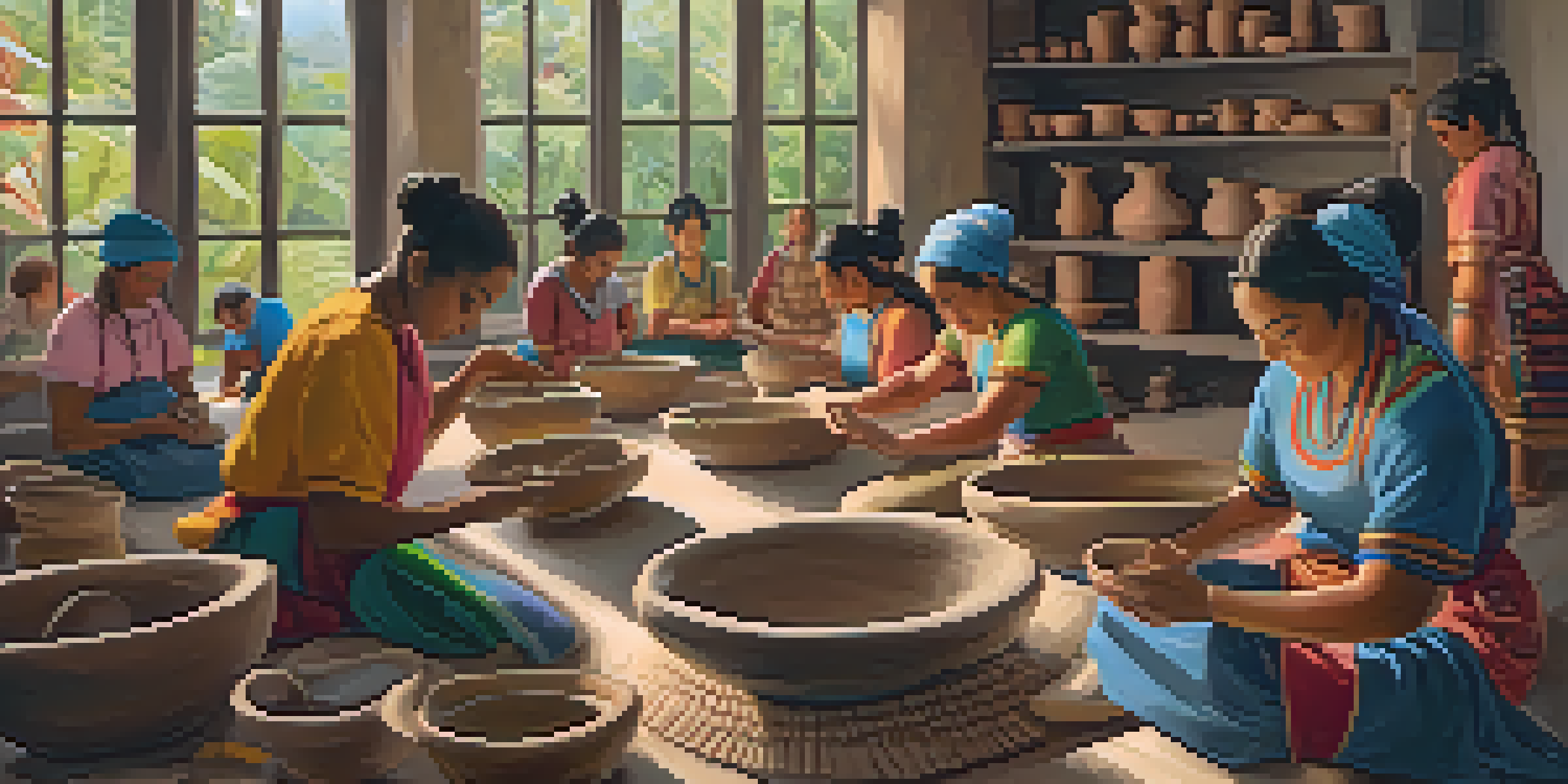 A lively workshop in Brazil where people are creating pottery, surrounded by colorful clay pieces and natural light.