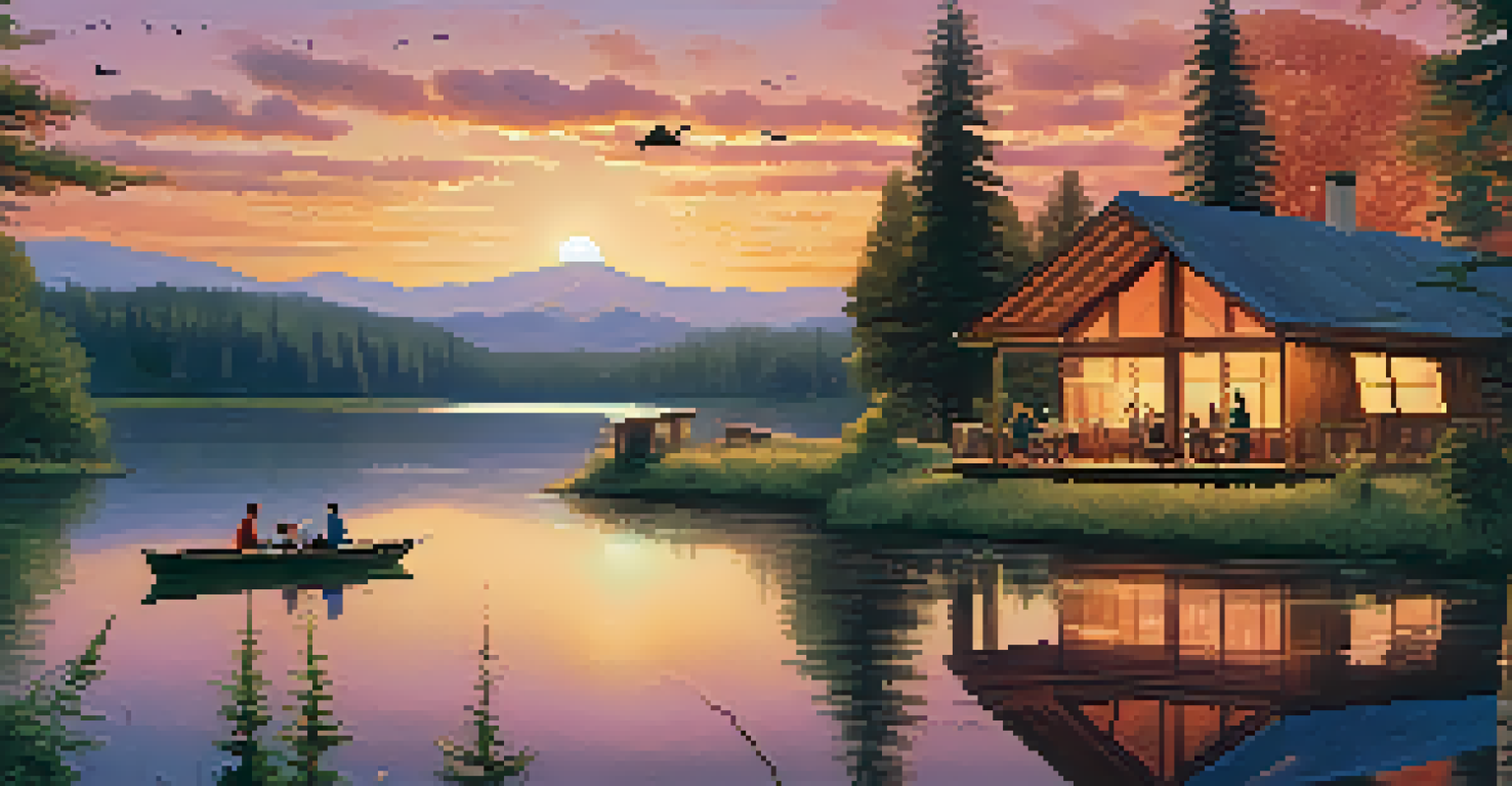 A family dining outside an eco-lodge by a lake at sunset, with trees and colorful sky reflecting in the water.