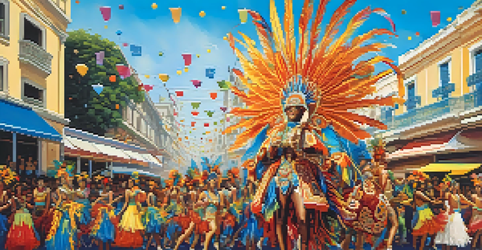 A lively carnival parade in Rio de Janeiro with dancers in colorful costumes and elaborate floats.