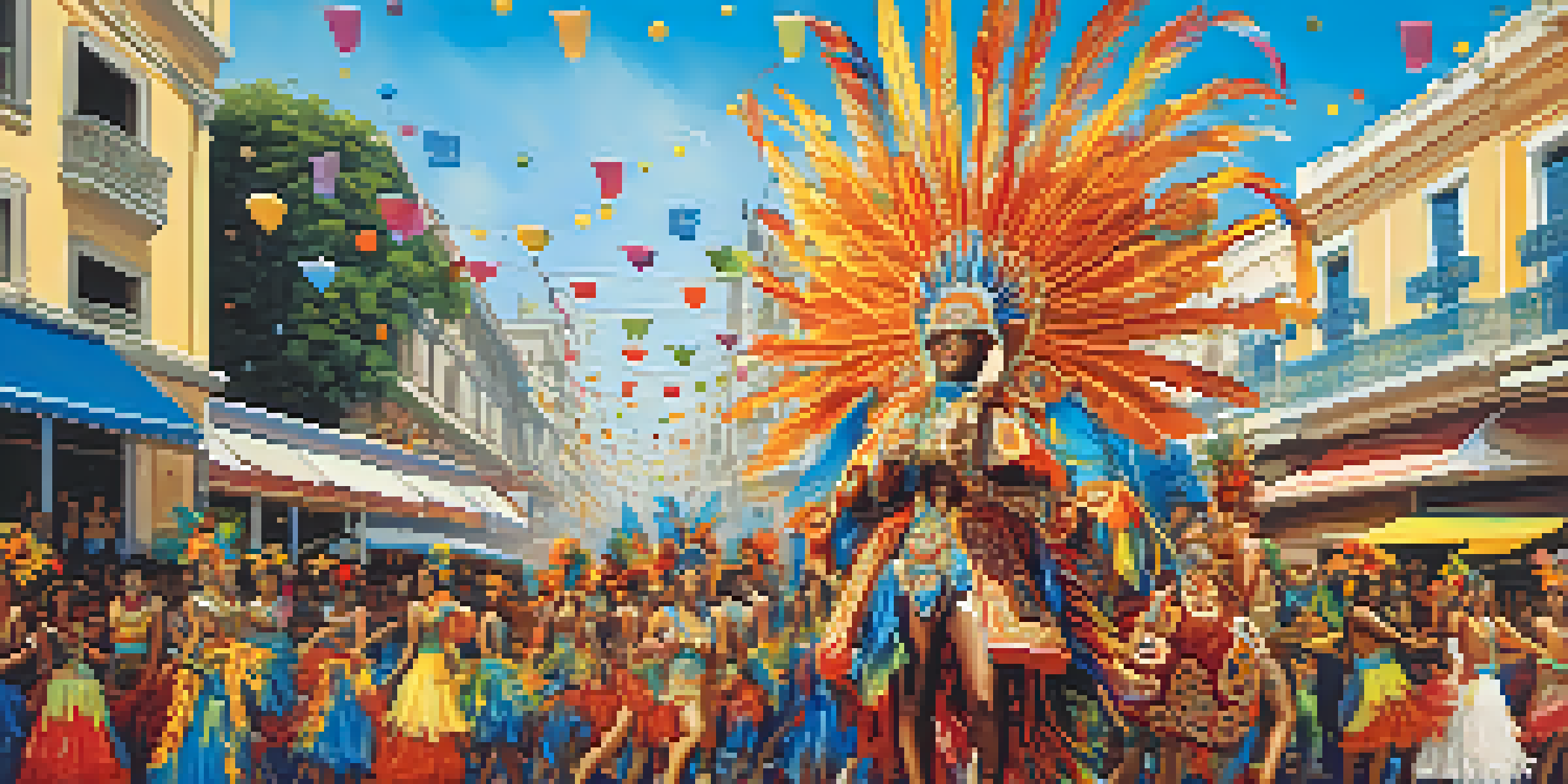 A lively carnival parade in Rio de Janeiro with dancers in colorful costumes and elaborate floats.