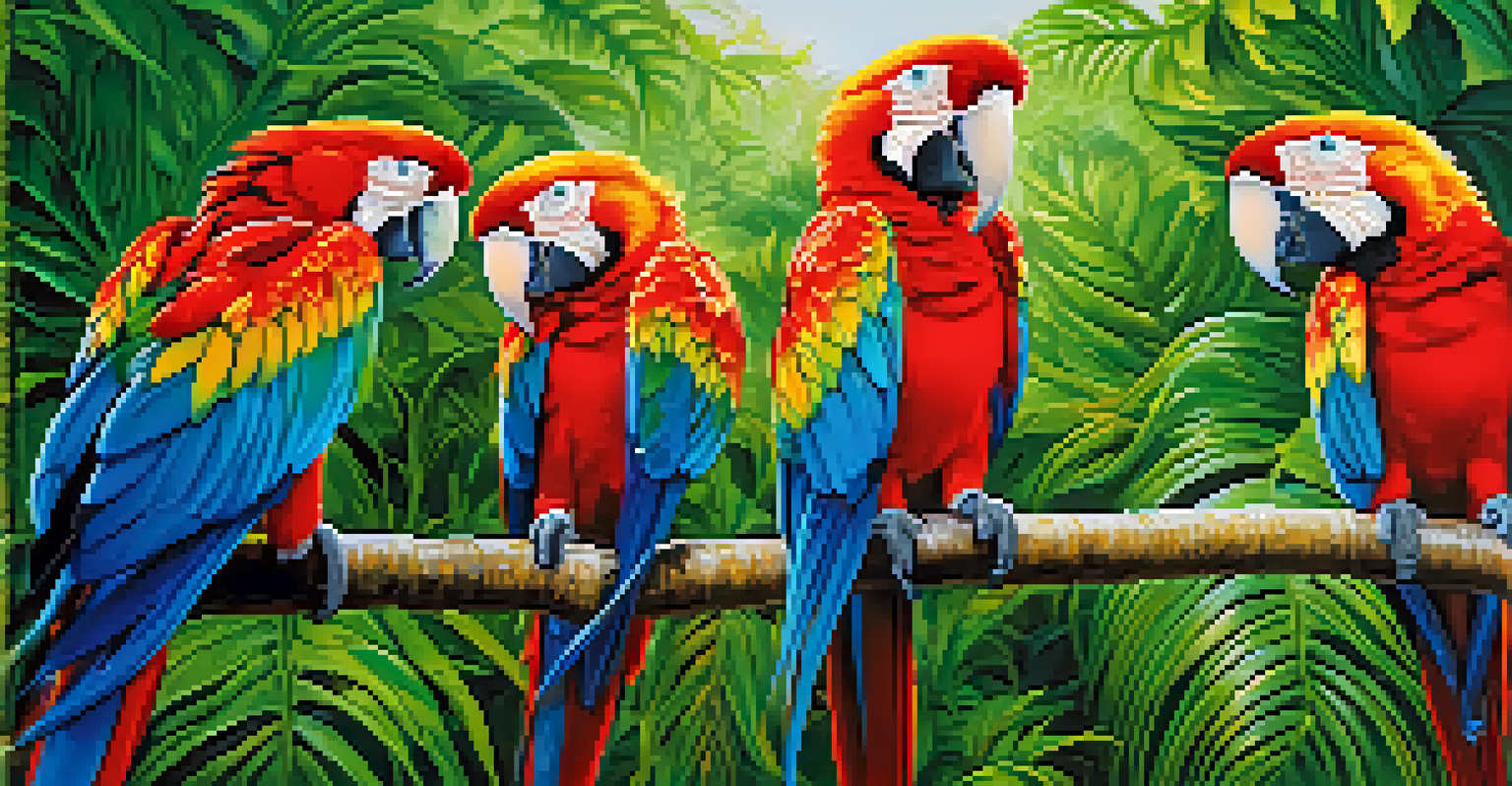 Close-up of colorful macaws on a branch in the Amazon, with the Meeting of Waters in the background, showcasing vibrant colors against green foliage.
