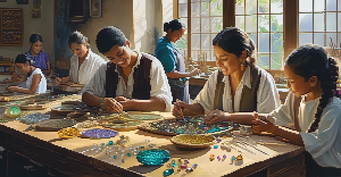 A colorful scene of a Brazilian jewelry workshop with artisans, gemstones, and participants learning together.