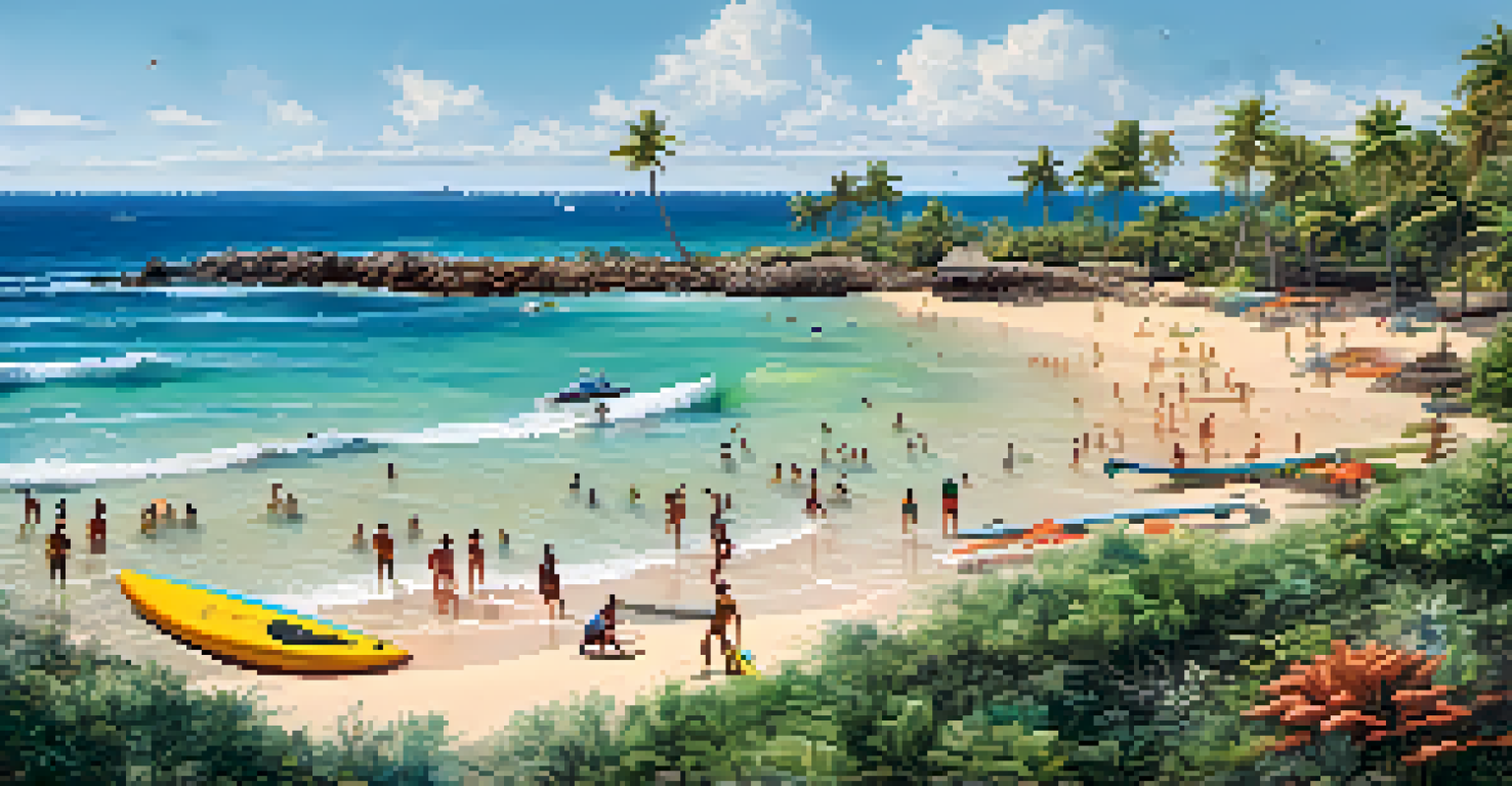 A beautiful beach with natural pools and surfers, surrounded by clear water and coral reefs.