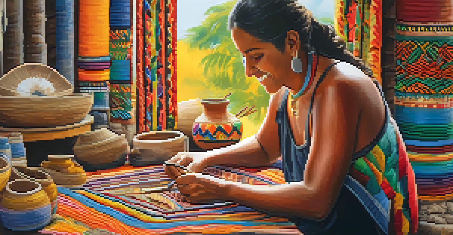 A local artisan in Brazil crafting traditional items, surrounded by vibrant materials, emphasizing cultural connection and craftsmanship.
