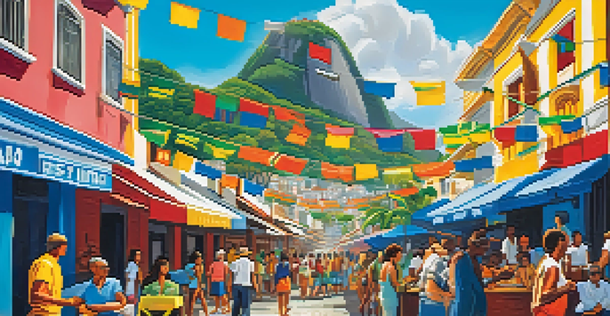 A lively street scene in Rio de Janeiro during a film festival with colorful banners, diverse people, and iconic landmarks.