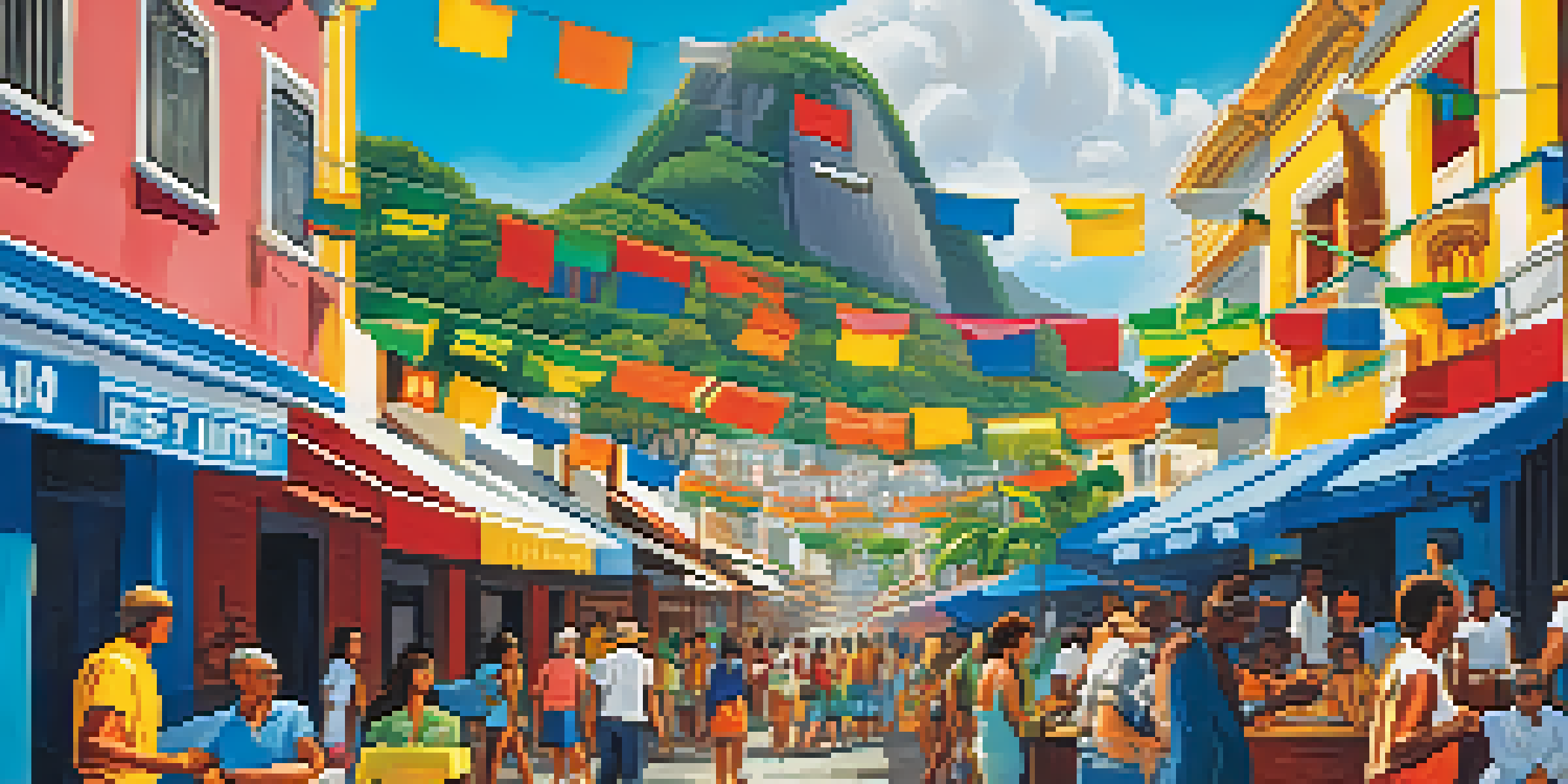A lively street scene in Rio de Janeiro during a film festival with colorful banners, diverse people, and iconic landmarks.