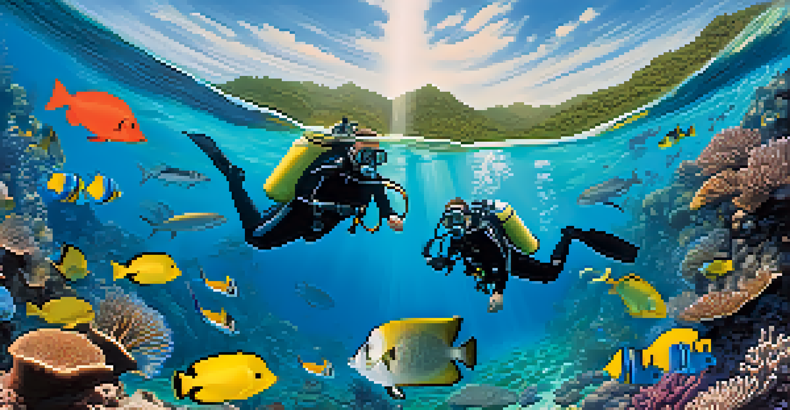 Divers practicing sustainable diving techniques in clear waters, surrounded by colorful marine life and coral formations.