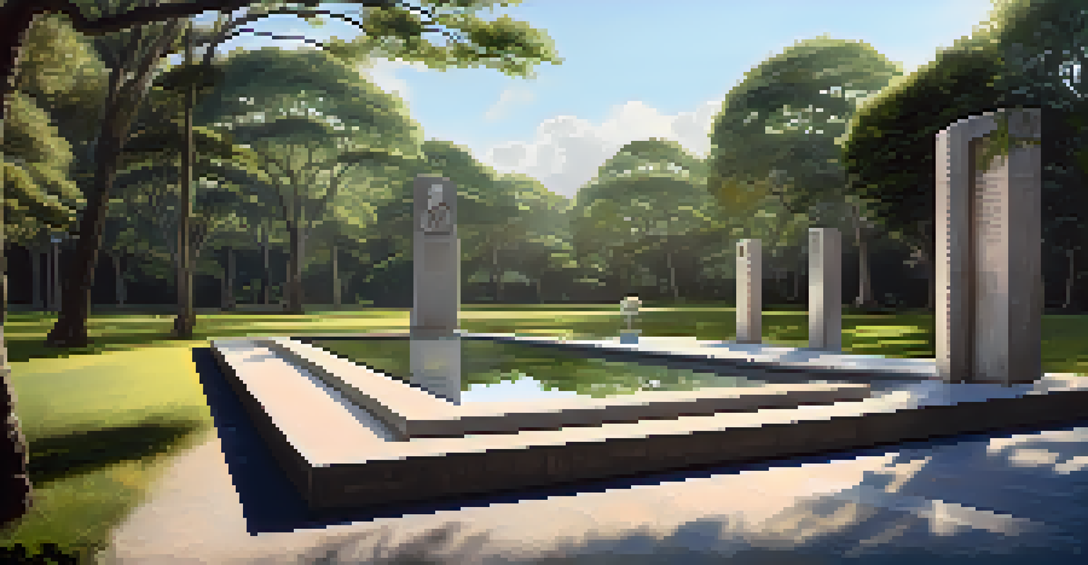 A peaceful memorial garden dedicated to the victims of the Brazilian military dictatorship, featuring sculptures and plaques amidst greenery.