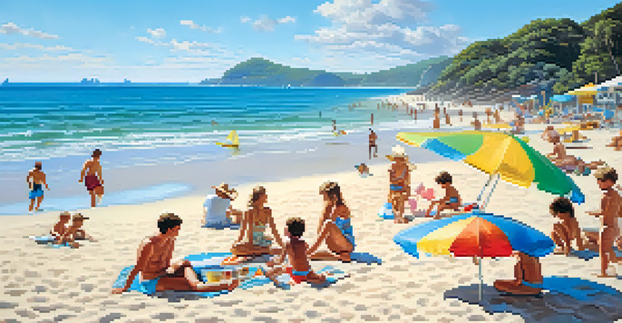 A family enjoying a sunny beach in Brazil, with children building sandcastles and adults under an umbrella.
