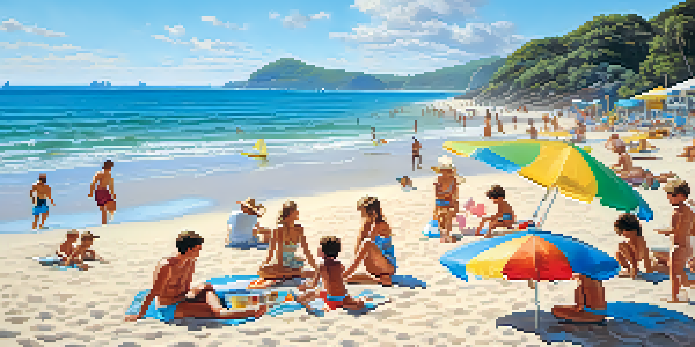 A family enjoying a sunny beach in Brazil, with children building sandcastles and adults under an umbrella.