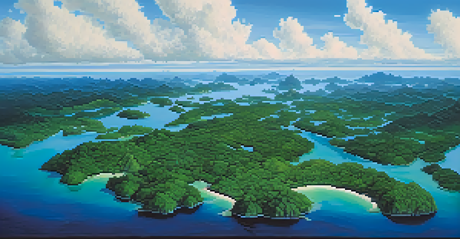 Aerial perspective of the Anavilhanas Archipelago displaying lush greenery and winding rivers.