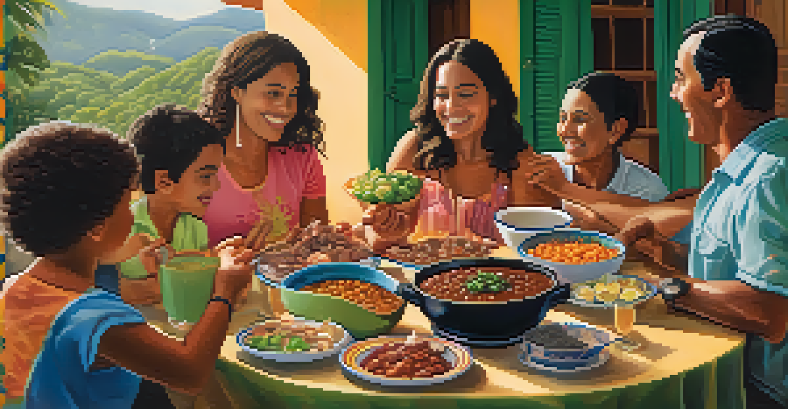 A Brazilian family gathered around a table sharing feijoada during a festive occasion, surrounded by colorful dishes and fresh fruits.