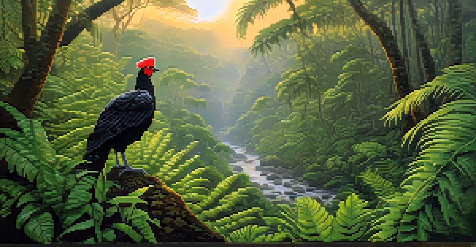 A red-billed curassow walks among ferns in the Atlantic Forest at sunrise, with mist in the background and warm tones illuminating the landscape.