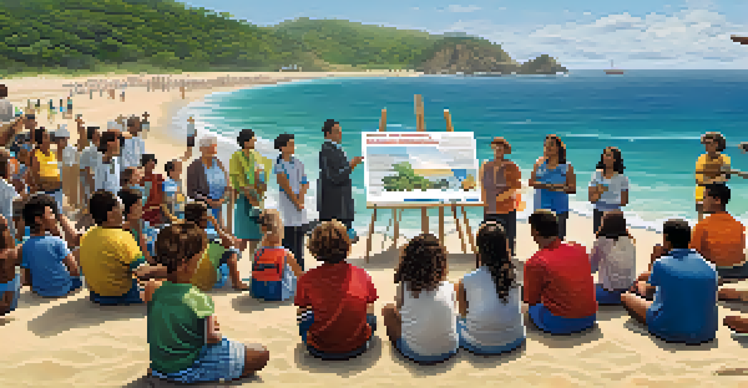 A community gathering on the beach for an educational session about marine conservation, with diverse people listening and posters about marine biodiversity visible.